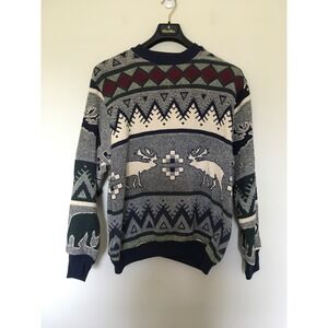 Vintage Mens Sugar Street Weavers Moose Aztec Southwestern Knit Sweater One Size